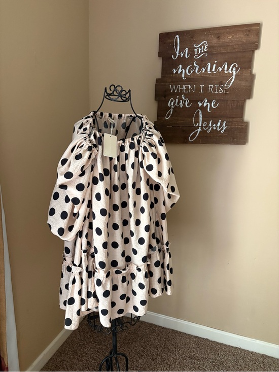 Mood Stories Dresses & Skirts - Polka Dot Puff-Sleeve Dress Off Shoulder Cream with Black Dots